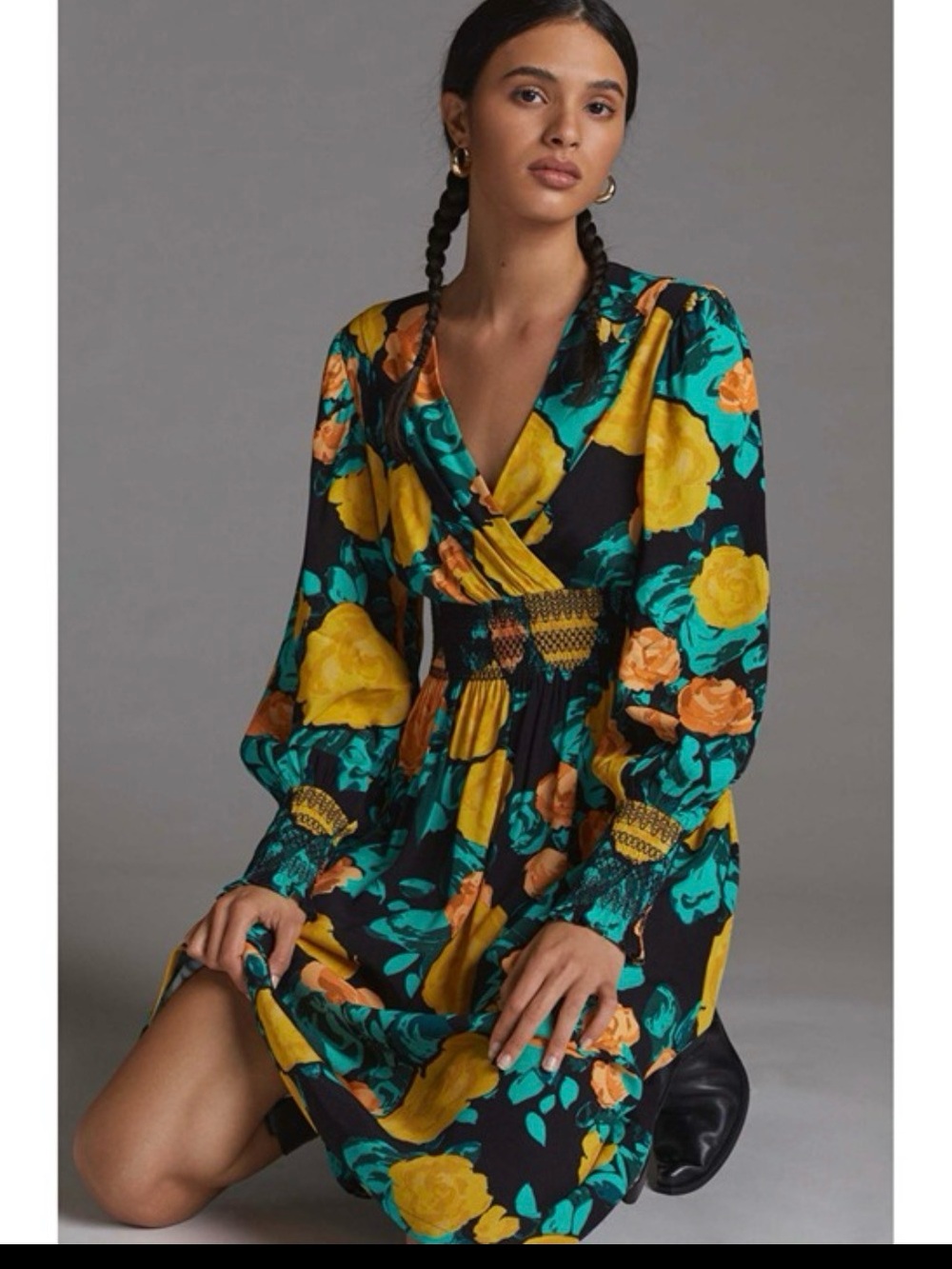 Plenty by Tracy Reese Black Floral Wrap Dress with Yellow & Teal Blooms